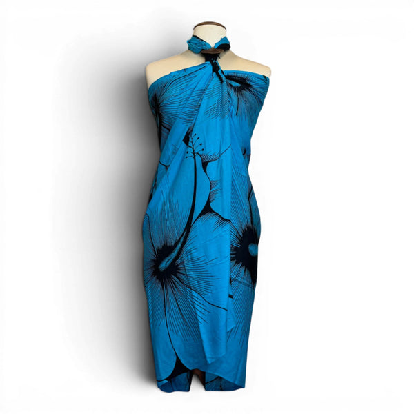 Sarong / pareo - Strandkleding wikkelrok - Blauw Zwart Hibiscus Breeze