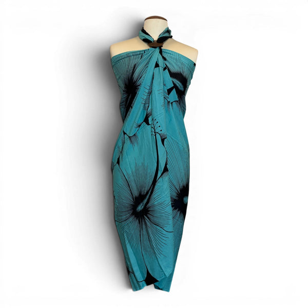Sarong / pareo - Strandkleding wikkelrok - Turkoois Zwart Hibiscus Breeze