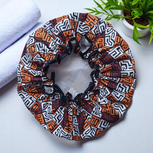 GROTE Douchemuts / Shower cap voor vol haar / krullen / afro - Bruin en geel-oranje Kuba Blocks Congo