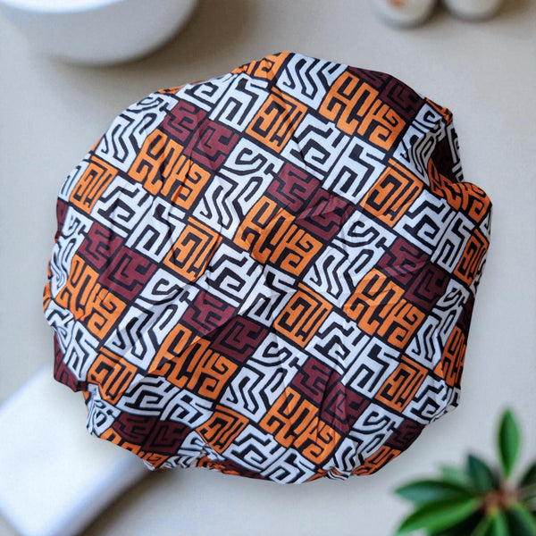 GROTE Douchemuts / Shower cap voor vol haar / krullen / afro - Bruin en geel-oranje Kuba Blocks Congo