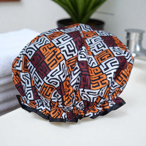 GROTE Douchemuts / Shower cap voor vol haar / krullen / afro - Bruin en geel-oranje Kuba Blocks Congo