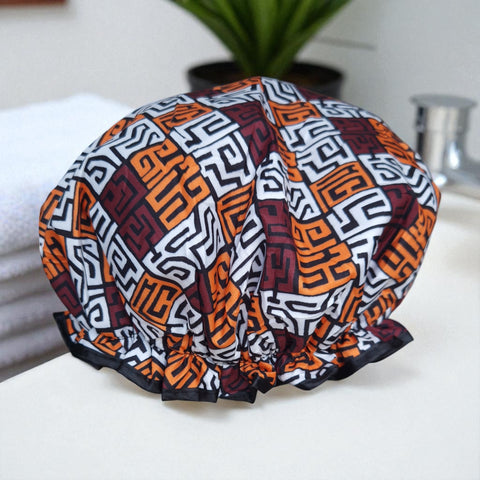 GROTE Douchemuts / Shower cap voor vol haar / krullen / afro - Bruin en geel-oranje Kuba Blocks Congo