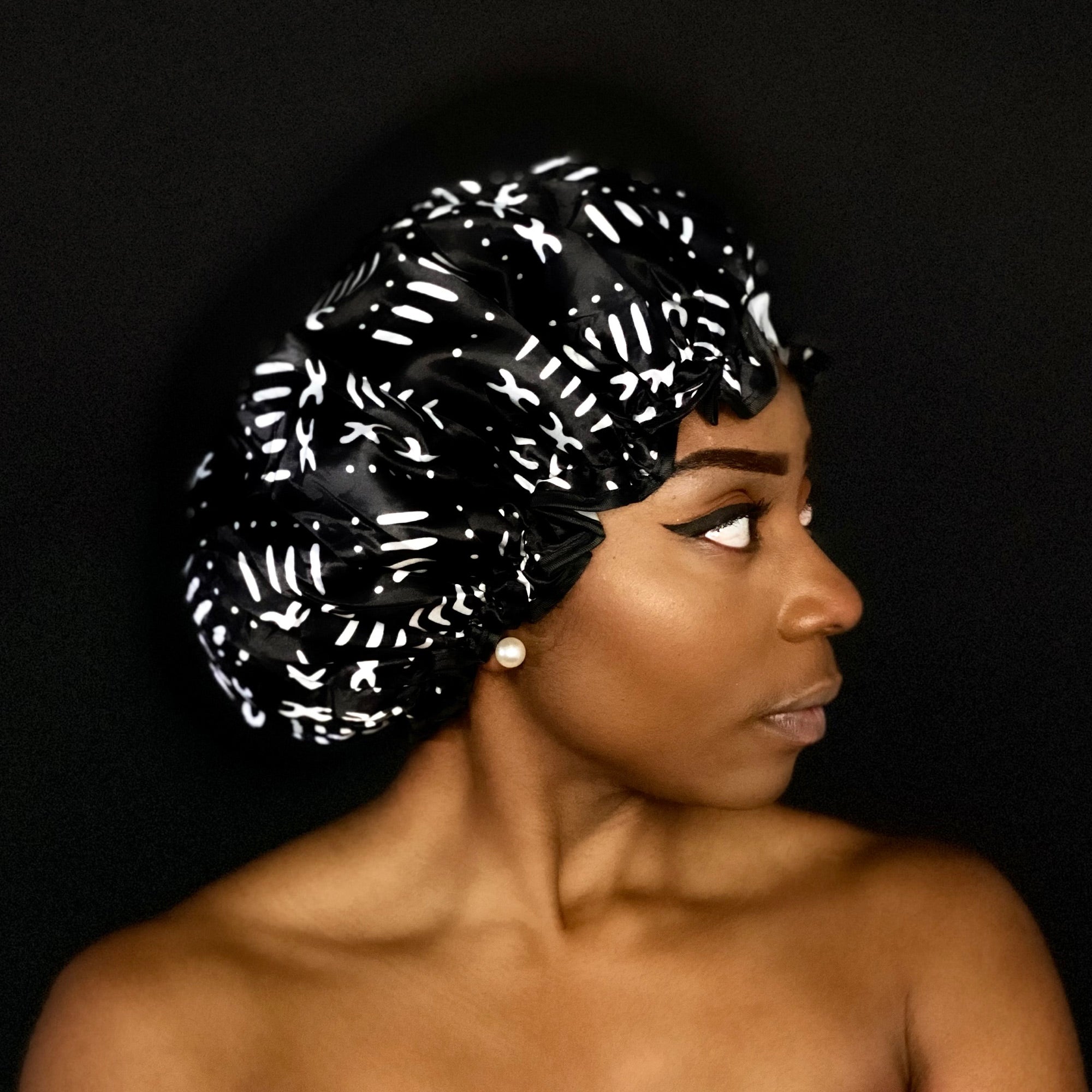 GROTE Douchemuts / Shower cap voor vol haar / krullen / afro - Zwart Witte bogolan
