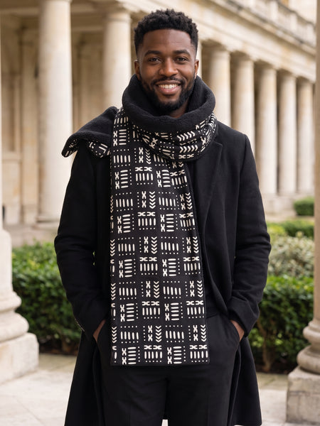 African print Winter scarf Unisex - Slim model - Black White Bogolan