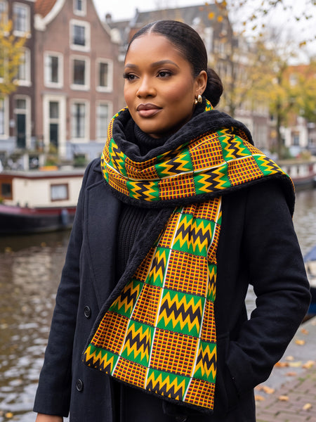 Warme Afrikaanse print sjaal Unisex - Smal model - Groen Kente Print Zigzag