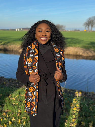 Warme Afrikaanse print sjaal Unisex - Smal model - Bruin Bogolan Symbolen