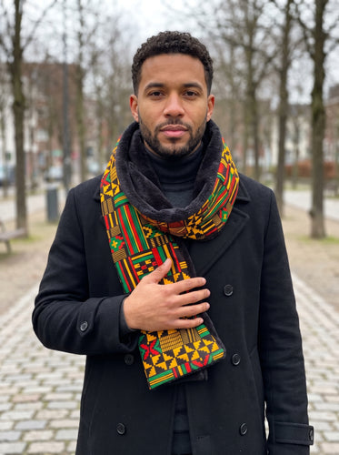 Warme Afrikaanse print sjaal Unisex - Smal model - Zwart Groen Kente Print