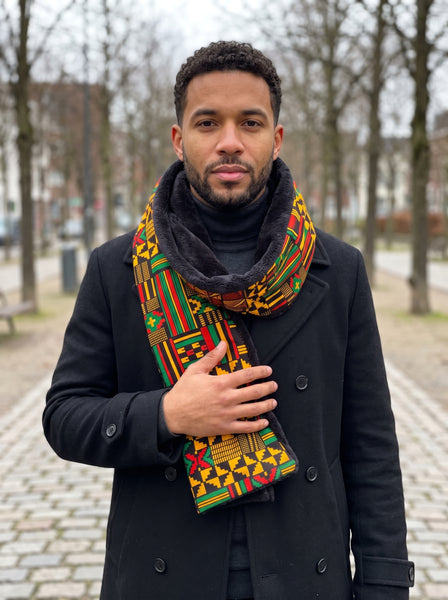 Warme Afrikaanse print sjaal Unisex - Smal model - Zwart Groen Kente Print