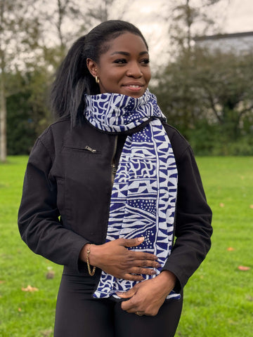 Warme Afrikaanse print sjaal Unisex - Smal model - Blauw Ndop Kameroen