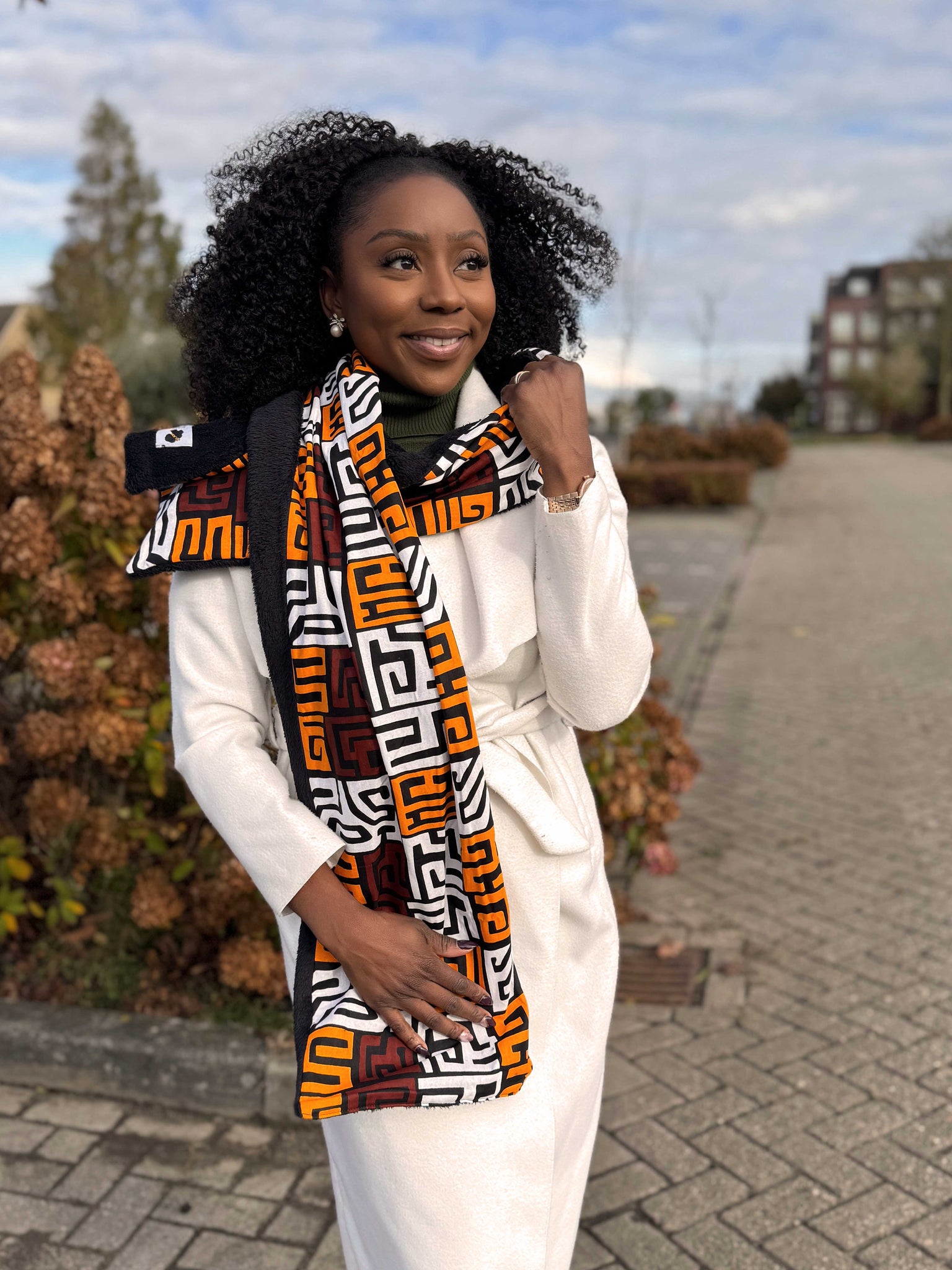 Warme Afrikaanse print sjaal Unisex - Smal model - Bruin Kuba Blokken