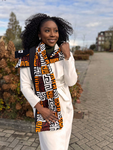 Warme Afrikaanse print sjaal Unisex - Smal model - Bruin Kuba Blokken
