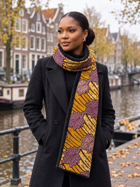 African print Winter scarf Unisex - Slim model - Yellow Maple Leaf