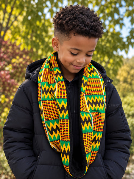 Warme Winter Colsjaal voor Kinderen met Afrikaanse print Unisex - Groen Kente Print Zigzag