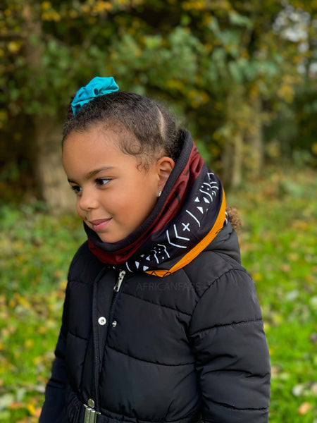 Warme Winter Colsjaal voor Kinderen met Afrikaanse print Unisex - Donkerbruin / Geel Bogolan Symbols