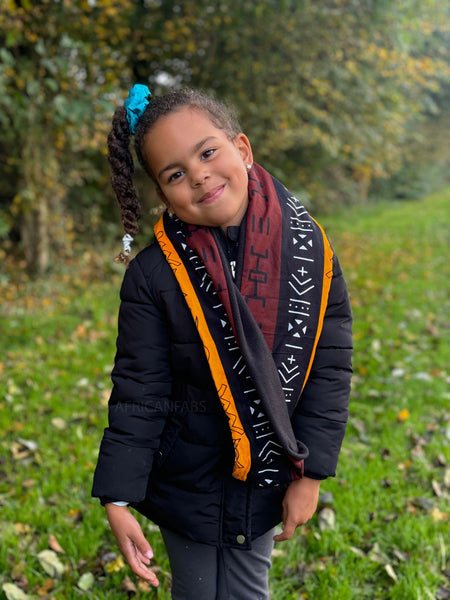 Warme Winter Colsjaal voor Kinderen met Afrikaanse print Unisex - Donkerbruin / Geel Bogolan Symbols