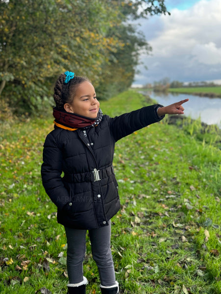 Warme Winter Colsjaal voor Kinderen met Afrikaanse print Unisex - Donkerbruin / Geel Bogolan Symbols