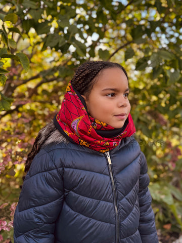 Warme Winter Colsjaal voor Kinderen met Afrikaanse print Unisex - Donkerrood & Geel Botanical Flow