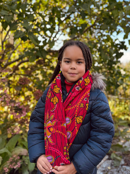 Warme Winter Colsjaal voor Kinderen met Afrikaanse print Unisex - Donkerrood & Geel Botanical Flow