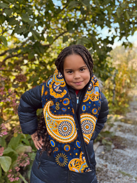 Warme Winter Colsjaal voor Kinderen met Afrikaanse print Unisex - Donkerblauw Geel Paisley