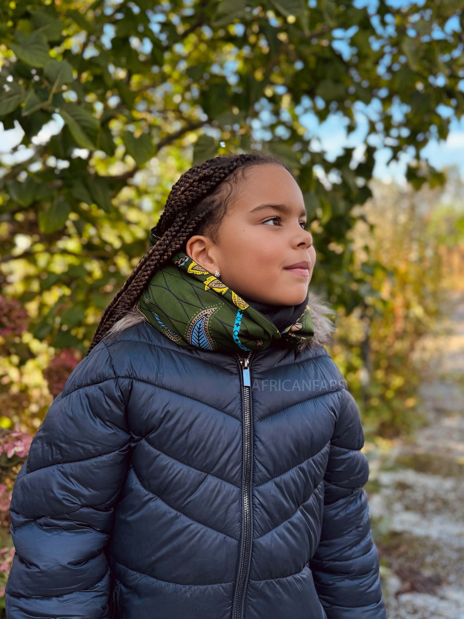 Warme Winter Colsjaal voor Kinderen met Afrikaanse print Unisex - Donkergroen & Geel Botanical Flow