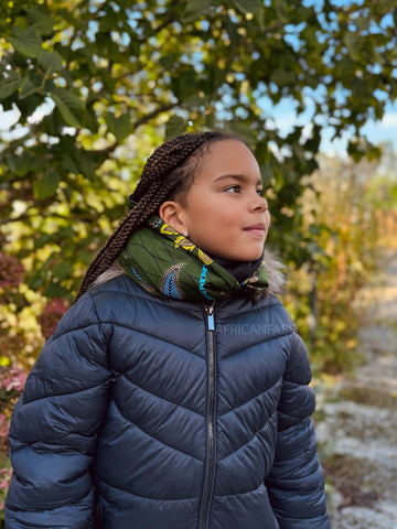 Warme Winter Colsjaal voor Kinderen met Afrikaanse print Unisex - Donkergroen & Geel Botanical Flow