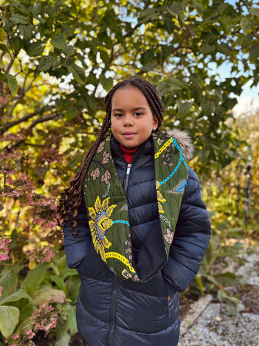 Warme Winter Colsjaal voor Kinderen met Afrikaanse print Unisex - Donkergroen & Geel Botanical Flow