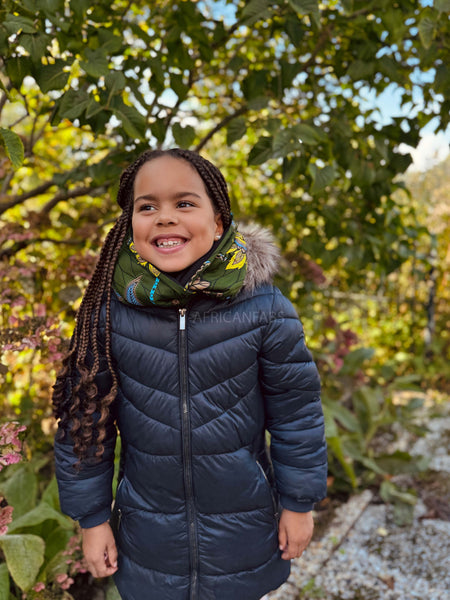 Warme Winter Colsjaal voor Kinderen met Afrikaanse print Unisex - Donkergroen & Geel Botanical Flow