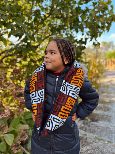 Warme Winter Colsjaal voor Kinderen met Afrikaanse print Unisex - Bruin en geel-oranje 