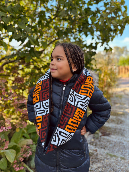 Warme Winter Colsjaal voor Kinderen met Afrikaanse print Unisex - Bruin en geel-oranje 