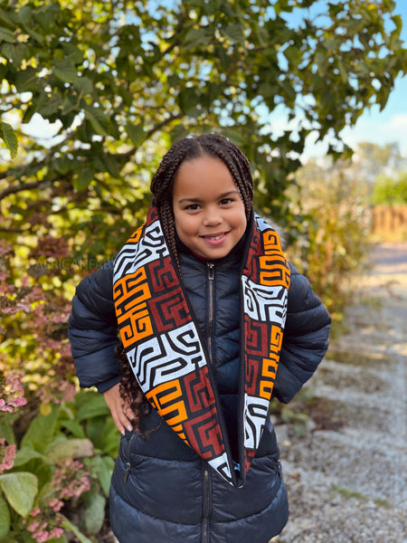 Warme Winter Colsjaal voor Kinderen met Afrikaanse print Unisex - Bruin en geel-oranje 