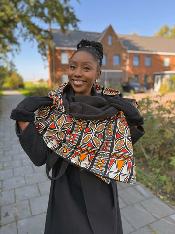Warme Sjaal met Afrikaanse print Unisex - Rood / Oranje bogolan symbols