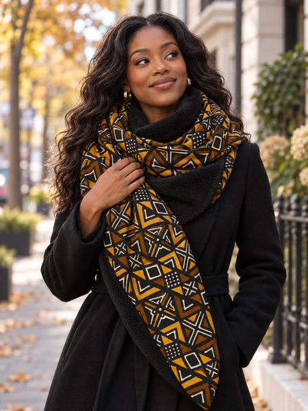 African print Winter scarf for Adults Unisex - Brown Bogolan Geometry