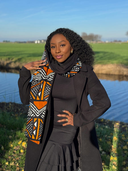 Warme Afrikaanse print sjaal Unisex - Smal model - Oranjebruine bogolan