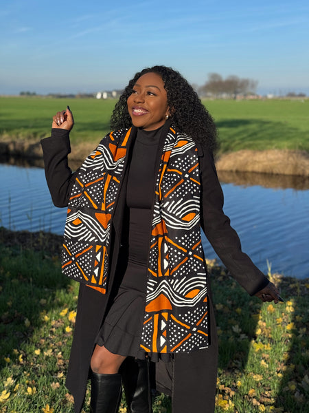 Warme Afrikaanse print sjaal Unisex - Smal model - Oranjebruine bogolan