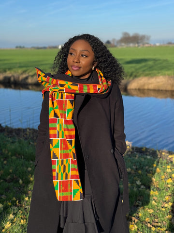 Warme Afrikaanse print sjaal Unisex - Smal model - Geelgroen Kente