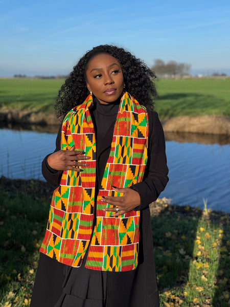 Warme Afrikaanse print sjaal Unisex - Smal model - Geelgroen Kente