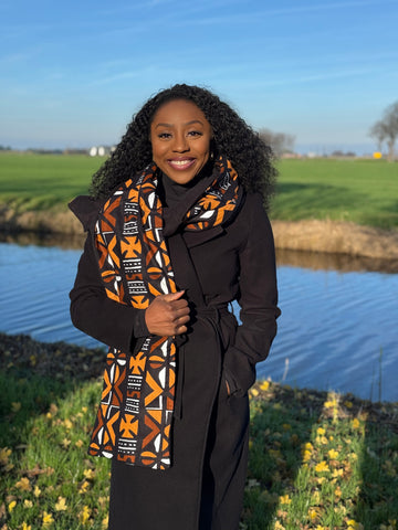 Warme Afrikaanse print sjaal Unisex - Smal model - Bruin Cross Bogolan