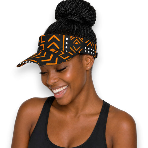 Zonneklep / Pet met Afrikaanse print - Zwart Oranje Bogolan Symbols