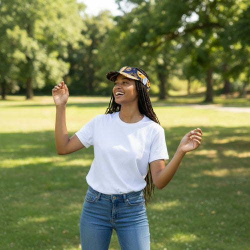 Zonneklep / Pet met Afrikaanse print - Marineblauw Geel Paisley