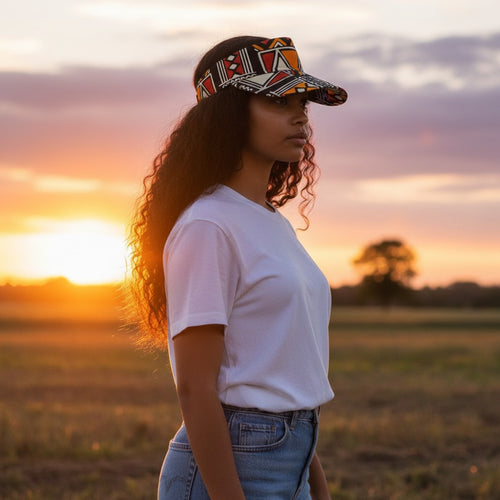Zonneklep / Pet met Afrikaanse print - Rood & Oranje Bogolan Symbols