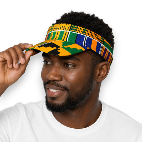 Zonneklep / Pet met Afrikaanse print - Geel Blauw Kente Blocks