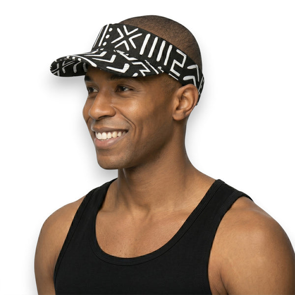 African print Sun visor cap - Black White Bogolan Symbols