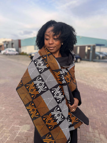 Warme Sjaal met Afrikaanse print Unisex - Kente Mud Zwart/oranje
