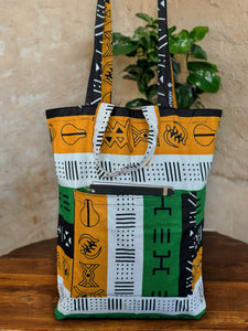 Shopper tas met Afrikaanse print - Groene bogolan symbols - Herbruikbare Boodschappentas van katoen