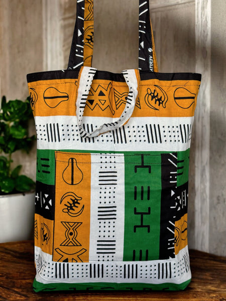 Shopper tas met Afrikaanse print - Groene bogolan symbols - Herbruikbare Boodschappentas van katoen