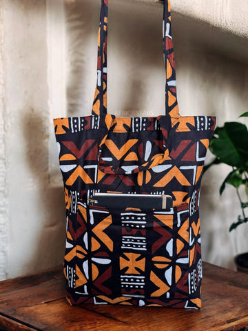 Shopper tas met Afrikaanse print - Bruine Cross Bogolan - Herbruikbare Boodschappentas van katoen