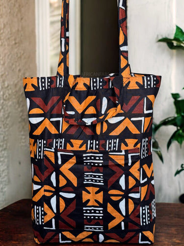 Shopper tas met Afrikaanse print - Bruine Cross Bogolan - Herbruikbare Boodschappentas van katoen