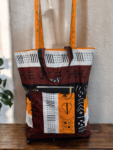 Shopper tas met Afrikaanse print - Donkerbruin / Geel Bogolan Symbols - Herbruikbare Boodschappentas van katoen