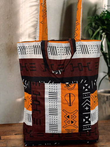 Shopper tas met Afrikaanse print - Donkerbruin / Geel Bogolan Symbols - Herbruikbare Boodschappentas van katoen