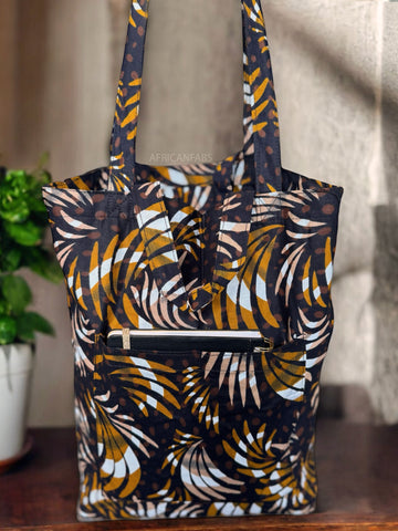 Shopper tas met Afrikaanse print - Bruine Mix Feathers - Herbruikbare Boodschappentas van katoen